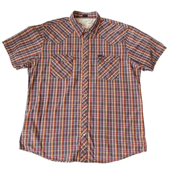 VTG Bullhead Western Pearl Snap XXL Cowboy Grunge Plaid Short Sleeve 100% Cotton - Picture 1 of 8